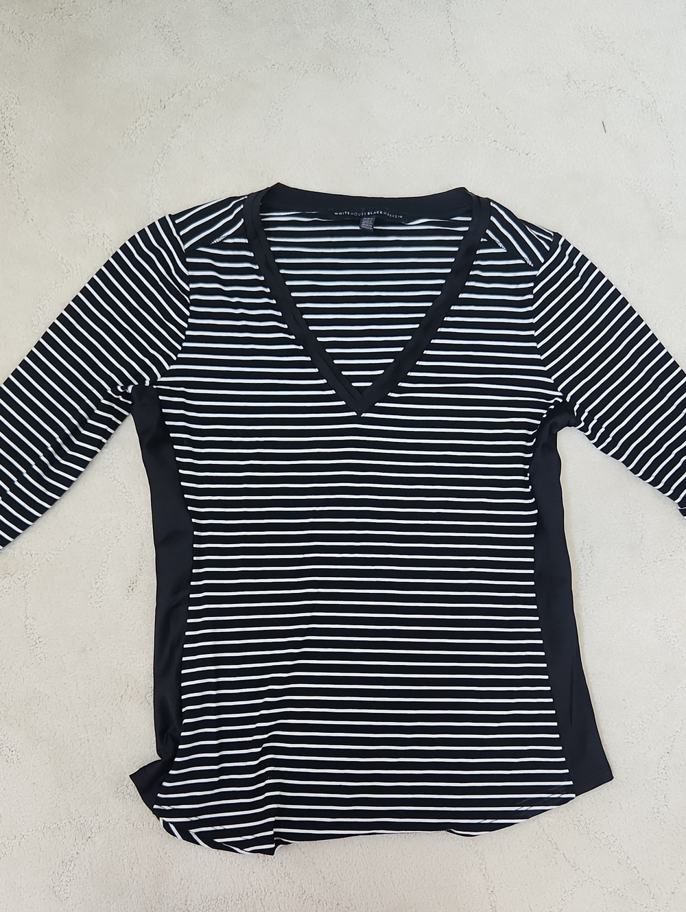 White House Black Market Black & White Striped V-Neck Long Sleeve Top